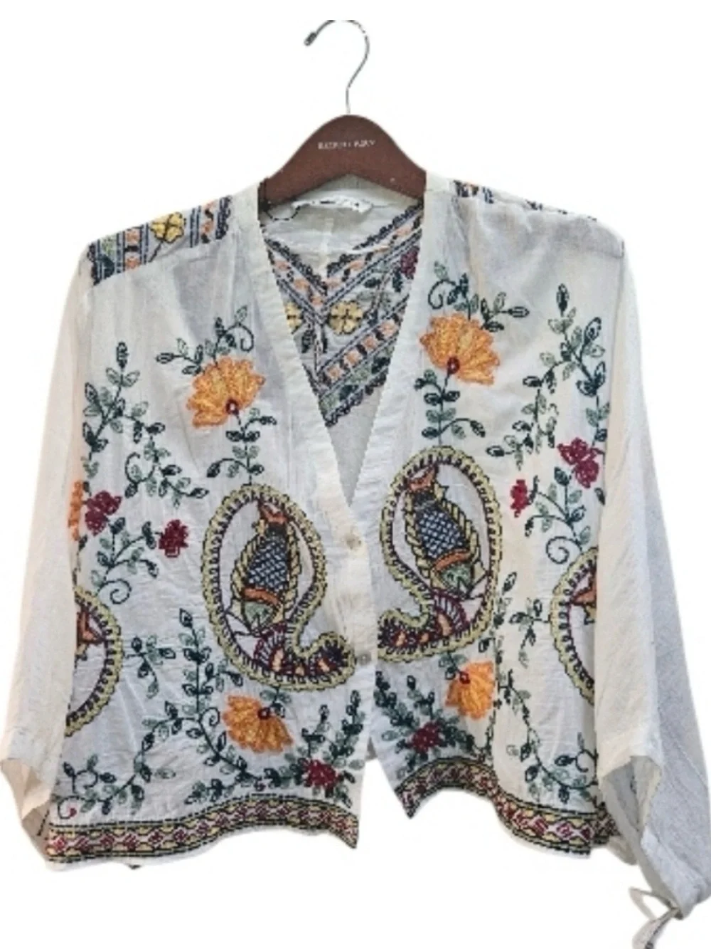 Zara Women's Embroidered Floral Kimono Crop Top Size XL White Boho Cottage - Picture 2 of 11